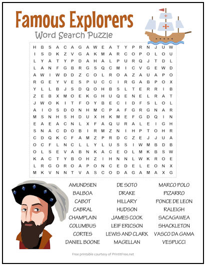 Famous Explorers Word Search Puzzle