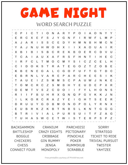 Game Night Word Search Puzzle