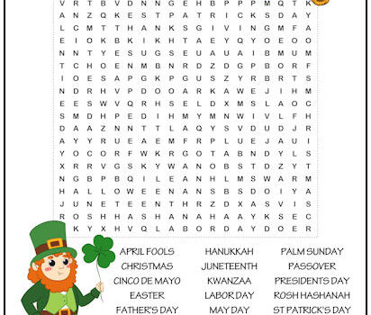 Holidays Word Search Puzzle