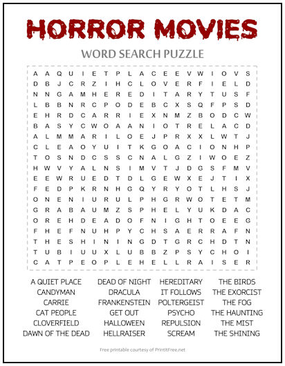 Horror Movies Word Search Puzzle