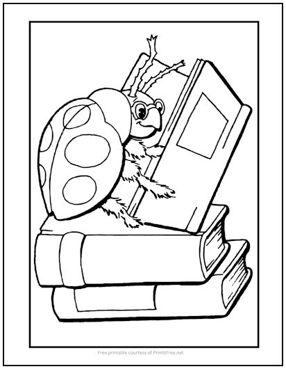 Ladybug with Books Coloring Page