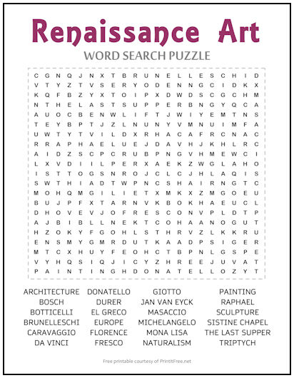 Renaissance Art Word Search Puzzle