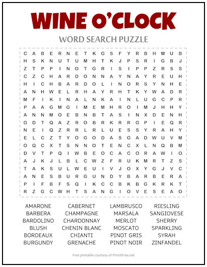 Wine O'Clock Word Search Puzzle