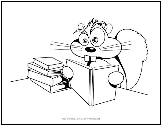Book-Reading Squirrel Coloring Page