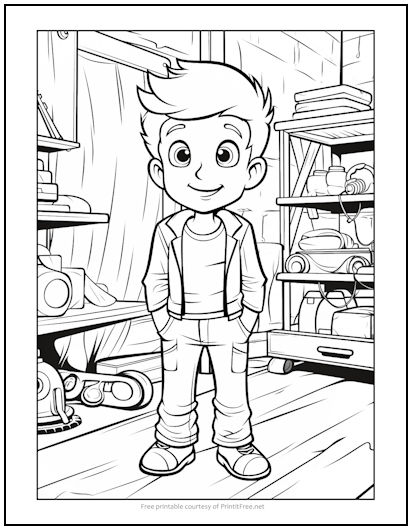 Boy in Garage Coloring Page