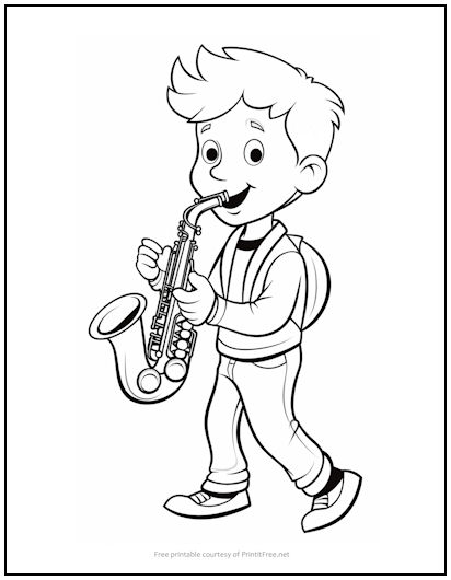 Boy with Saxophone Coloring Page