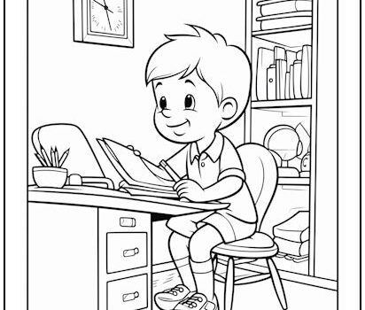 Boy Doing Homework Coloring Page