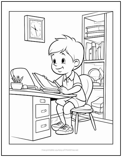 Boy Doing Homework Coloring Page