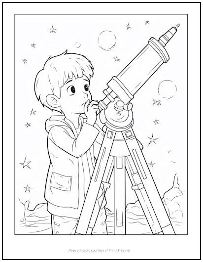 Boy with Telescope Coloring Page