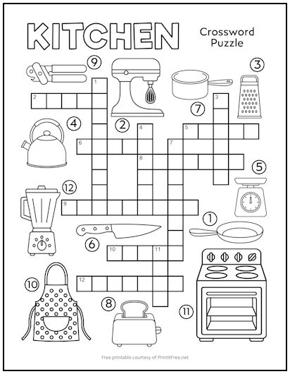Kitchen Crossword Puzzle for Kids