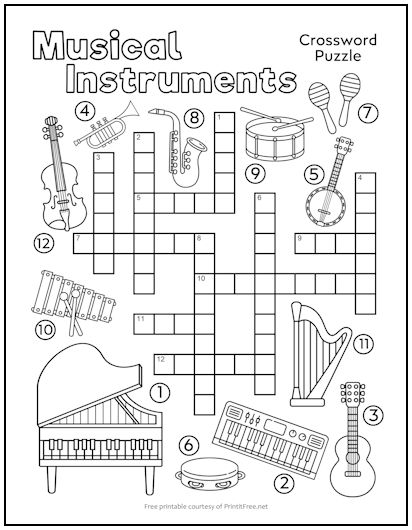 Musical Instruments Crossword Puzzle for Kids