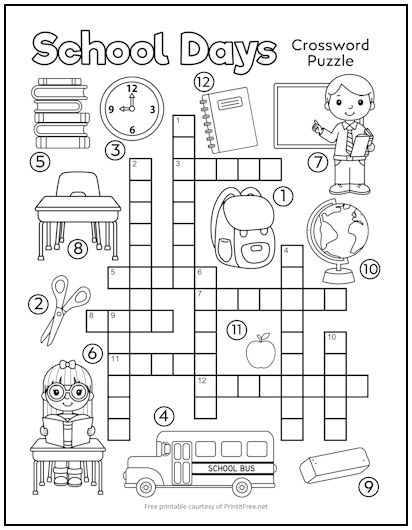 School Crossword Puzzle for Kids