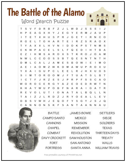 Battle of the Alamo Word Search Puzzle