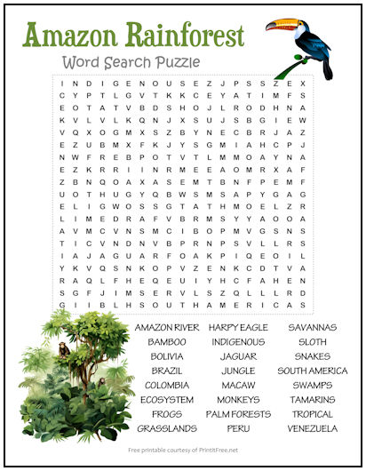 Amazon Rainforest Word Search Puzzle
