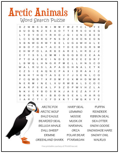 Arctic Animals Word Search Puzzle