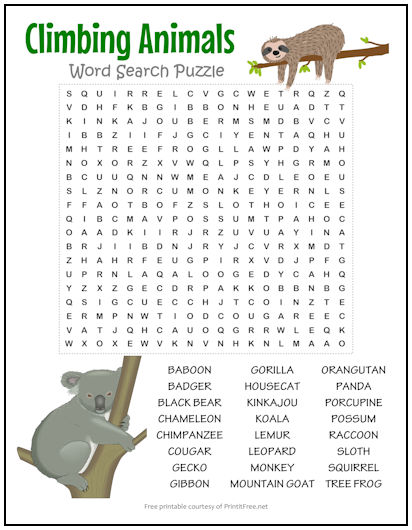 Climbing Animals Word Search Puzzle