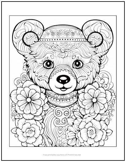Beautiful Flower Bear Coloring Page