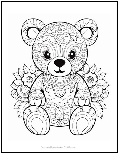 Flowery Teddy Bear Coloring Page