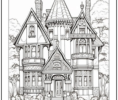 Victorian House with Trees Coloring Page