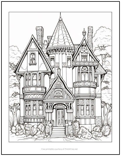 Victorian House with Trees Coloring Page