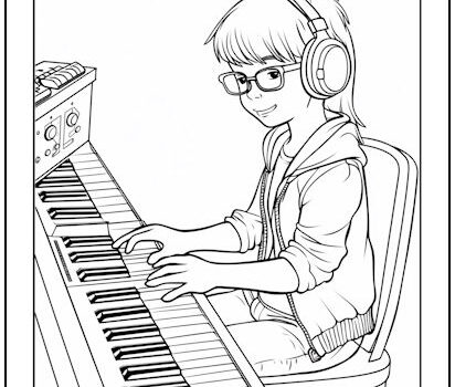 Girl Playing Keyboard Coloring Page