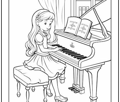 Girl at Grand Piano Coloring Page