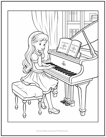 Girl at Grand Piano Coloring Page