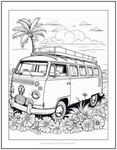 Volkswagen Van at Beach Coloring Page | Print it Free