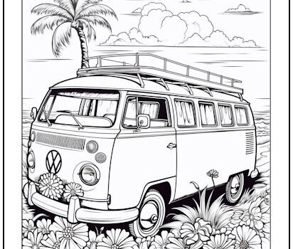 Volkswagen Van at Beach Coloring Page