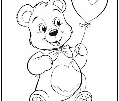 Bear with Heart Balloon Coloring Page