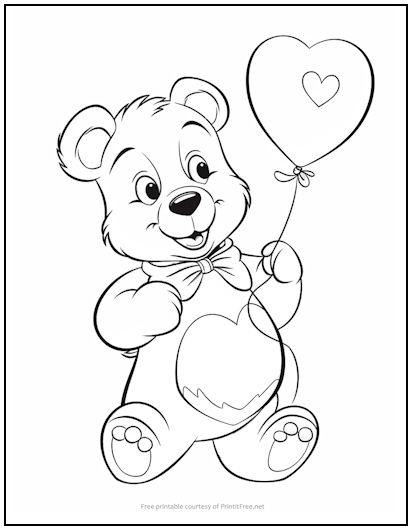 Bear with Heart Balloon Coloring Page