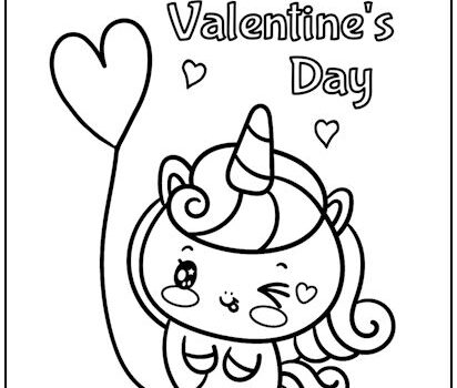 Unicorn with Balloon Valentine’s Coloring Page