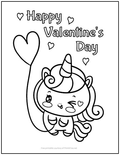 Unicorn with Balloon Valentine's Coloring Page