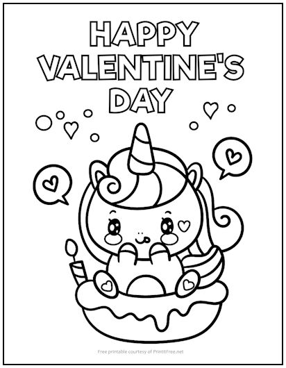 Happy Valentine's Day Unicorn Coloring Page