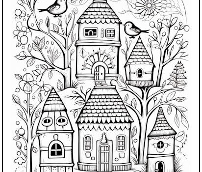 Whimsical Birdhouse Village Coloring Page