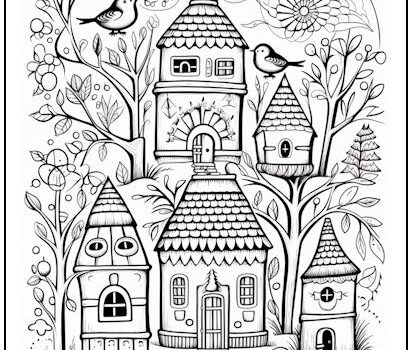 Whimsical Birdhouse Village Coloring Page Whimsical Birdhouse Village Coloring Page