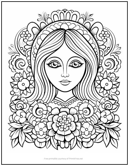 Young Lady in Flowers Coloring Page