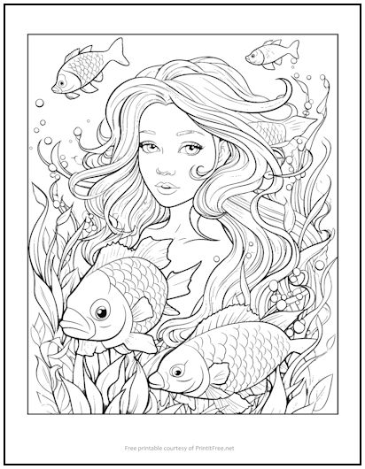 Mermaid with Fishes Coloring Page