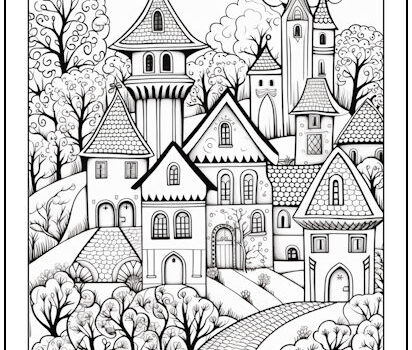 Whimsical Village Coloring Page