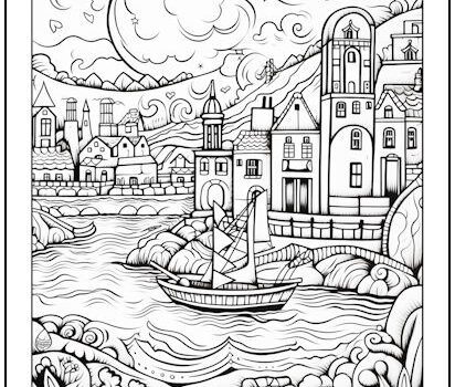 Riverside Town Coloring Page