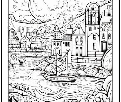 Riverside Town Coloring Page Riverside Town Coloring Page