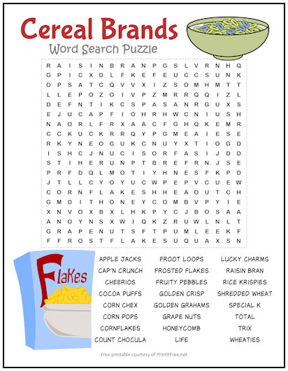 Cereal Brands Word Search Puzzle