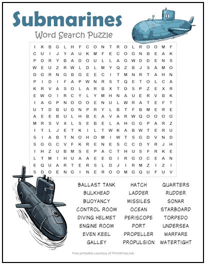 Submarines Word Search Puzzle