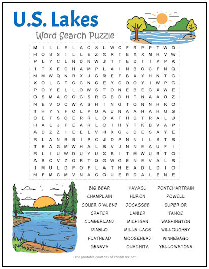 U.S. Lakes Word Search Puzzle