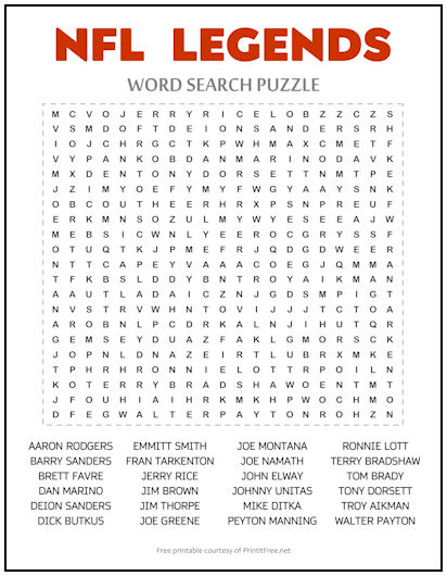 NFL Legends Word Search Puzzle