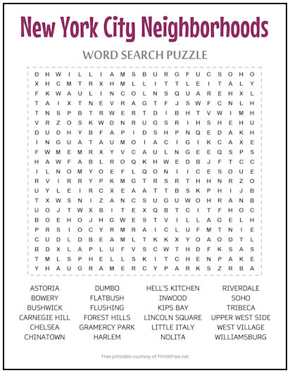 NYC Neighborhoods Word Search Puzzle