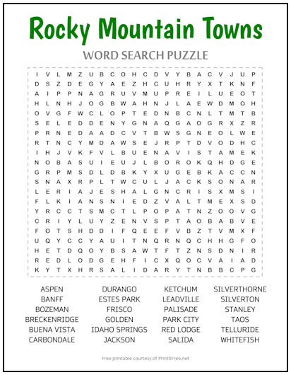 Rocky Mountain Towns Word Search Puzzle