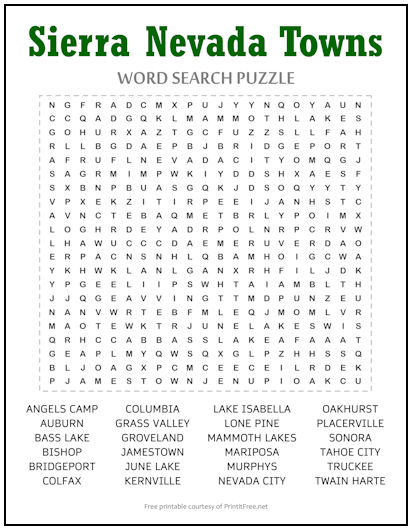 Sierra Nevada Towns Word Search Puzzle