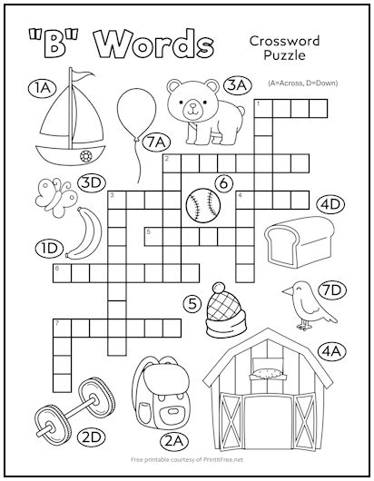 Letter "B" Words Crossword Puzzle for Kids