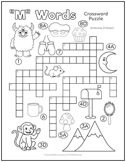 Letter "M" Words Crossword Puzzle for Kids